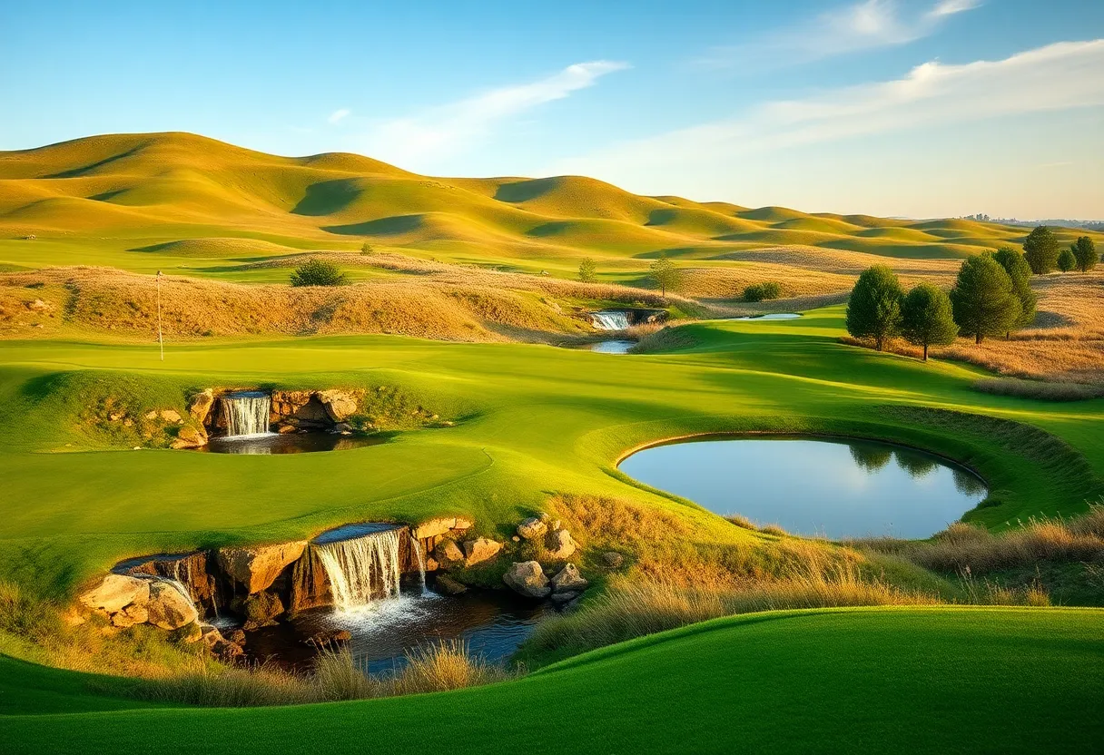 Scenic view of Atunyote Golf Course with rolling hills and water features