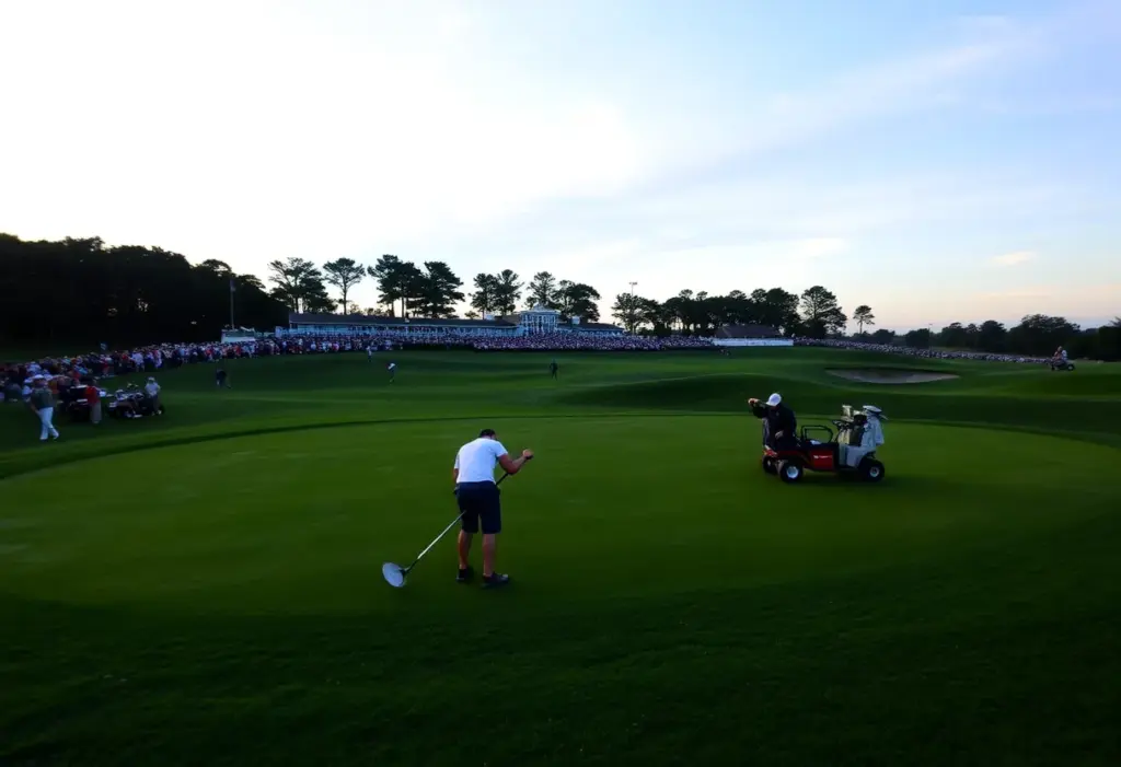 Grounds crew maintaining the golf course at Augusta National during sunset.
