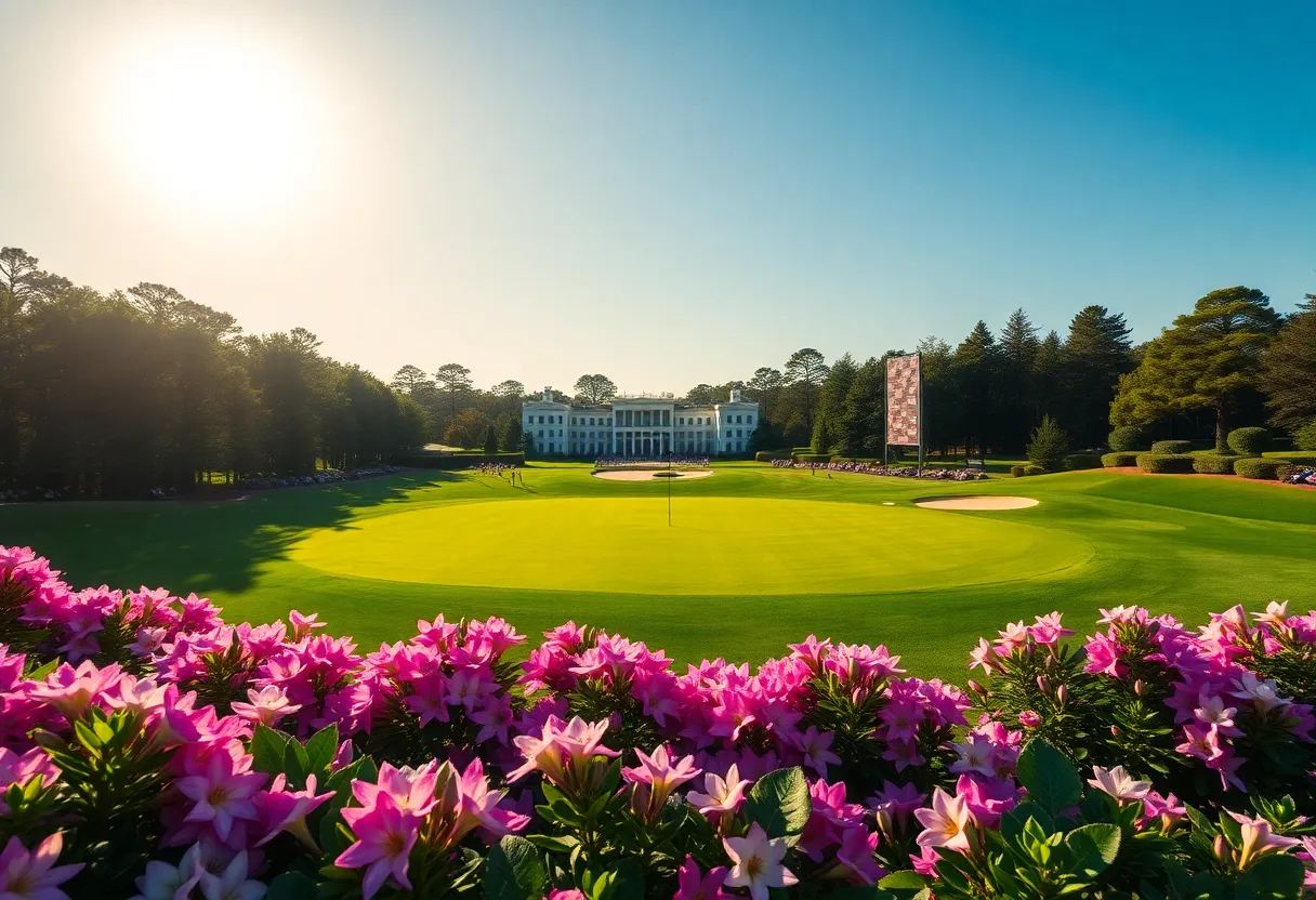 A stunning panorama of Augusta National Golf Club with lush greens and vibrant azaleas during daylight.