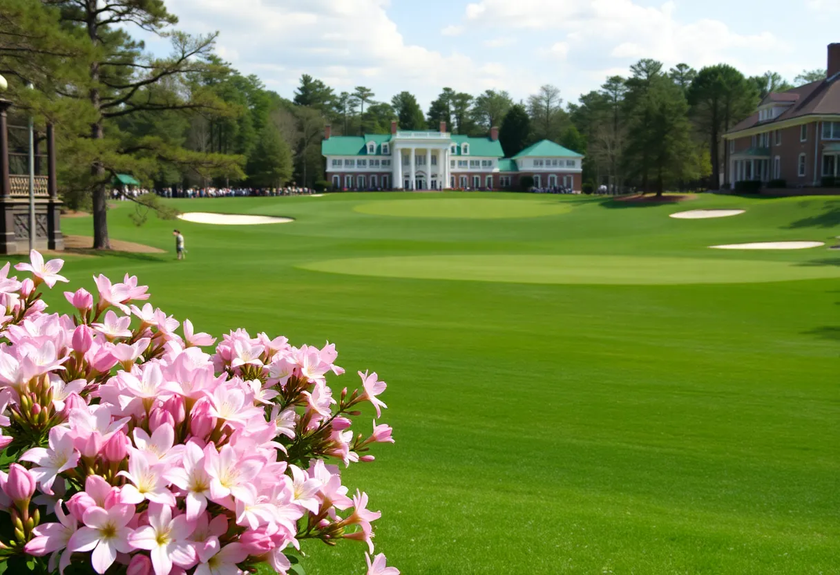 Scenic view of Augusta National Golf Club with blooming azaleas