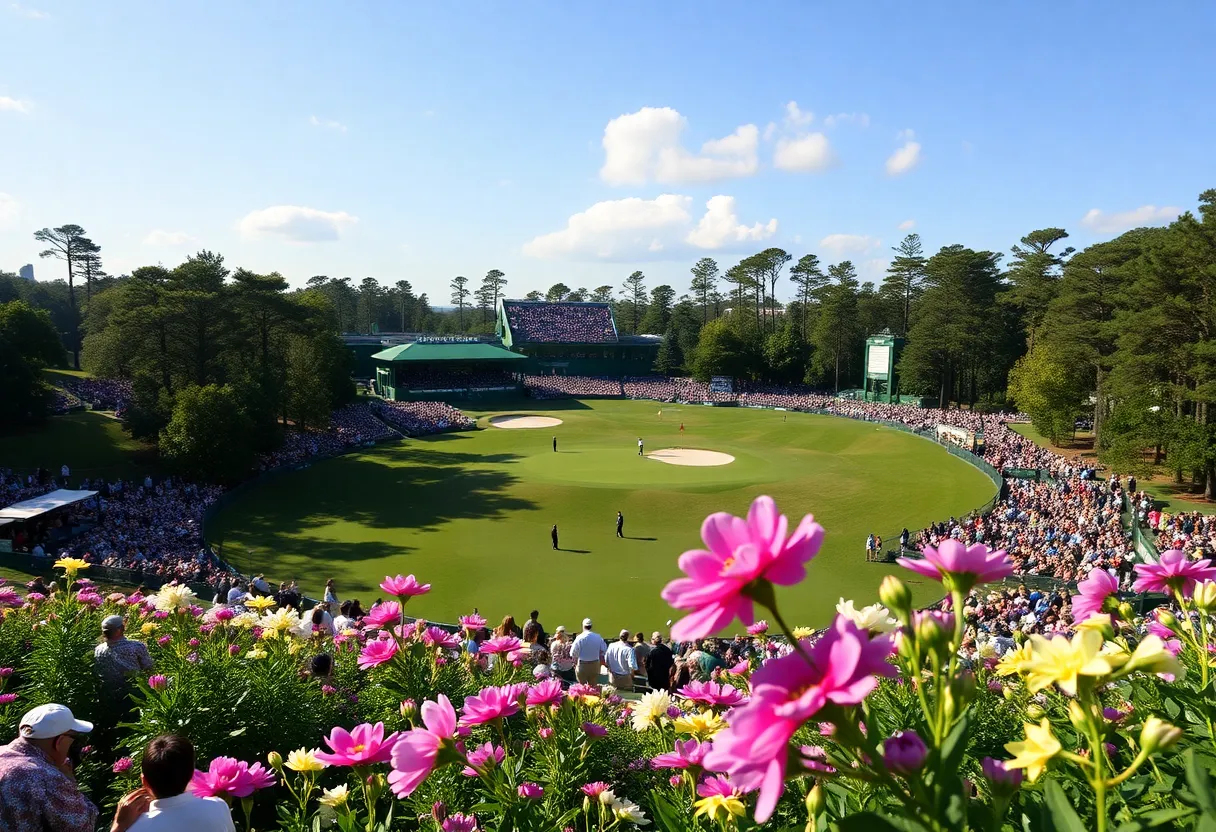 View of Augusta National Golf Club with players during the Masters