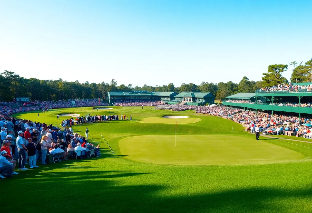 Aerial view of Augusta National Golf Club with golfers and spectators during the Masters