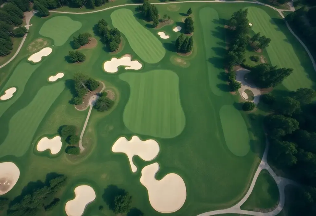 Aerial view of Augusta National Golf Course revealing intricate layout and bunkers.