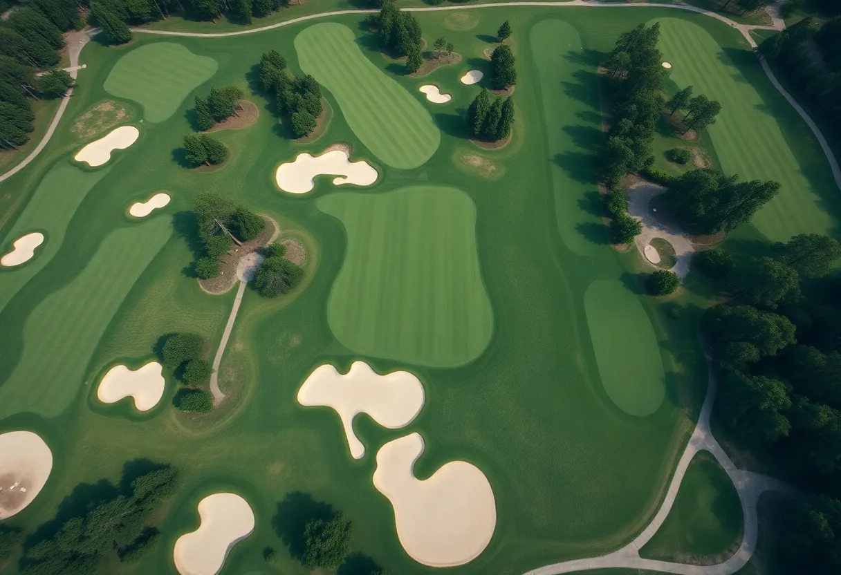 Aerial view of Augusta National Golf Course revealing intricate layout and bunkers.