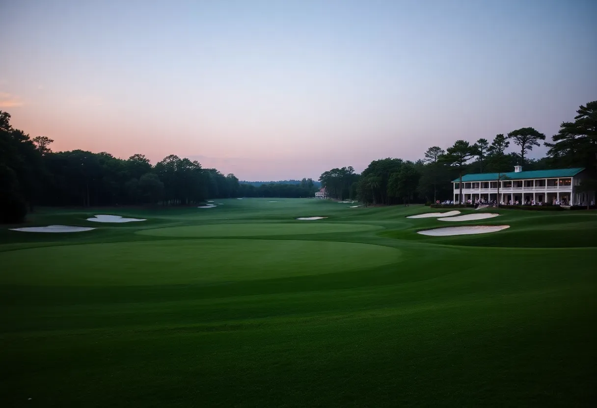A serene view of Augusta National Golf Course with perfectly manicured greens at dusk.