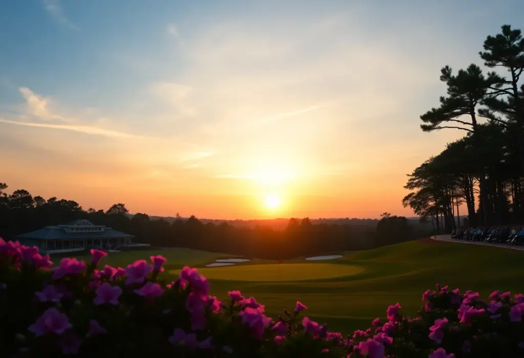 Sunrise at Augusta National Golf Club with green fairways.