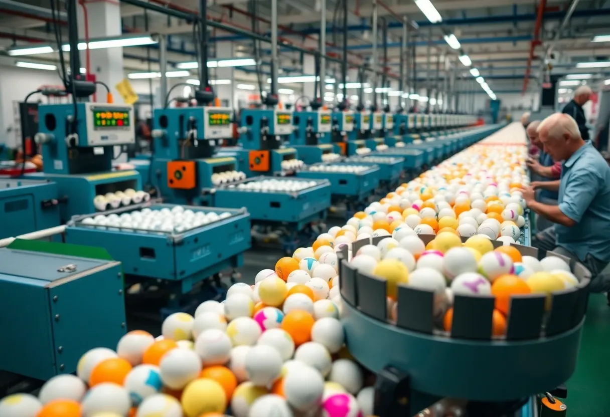 Workers producing golf balls at Bridgestone facility