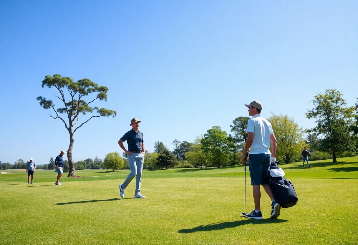 A young caddy assisting golfers on a golf course.