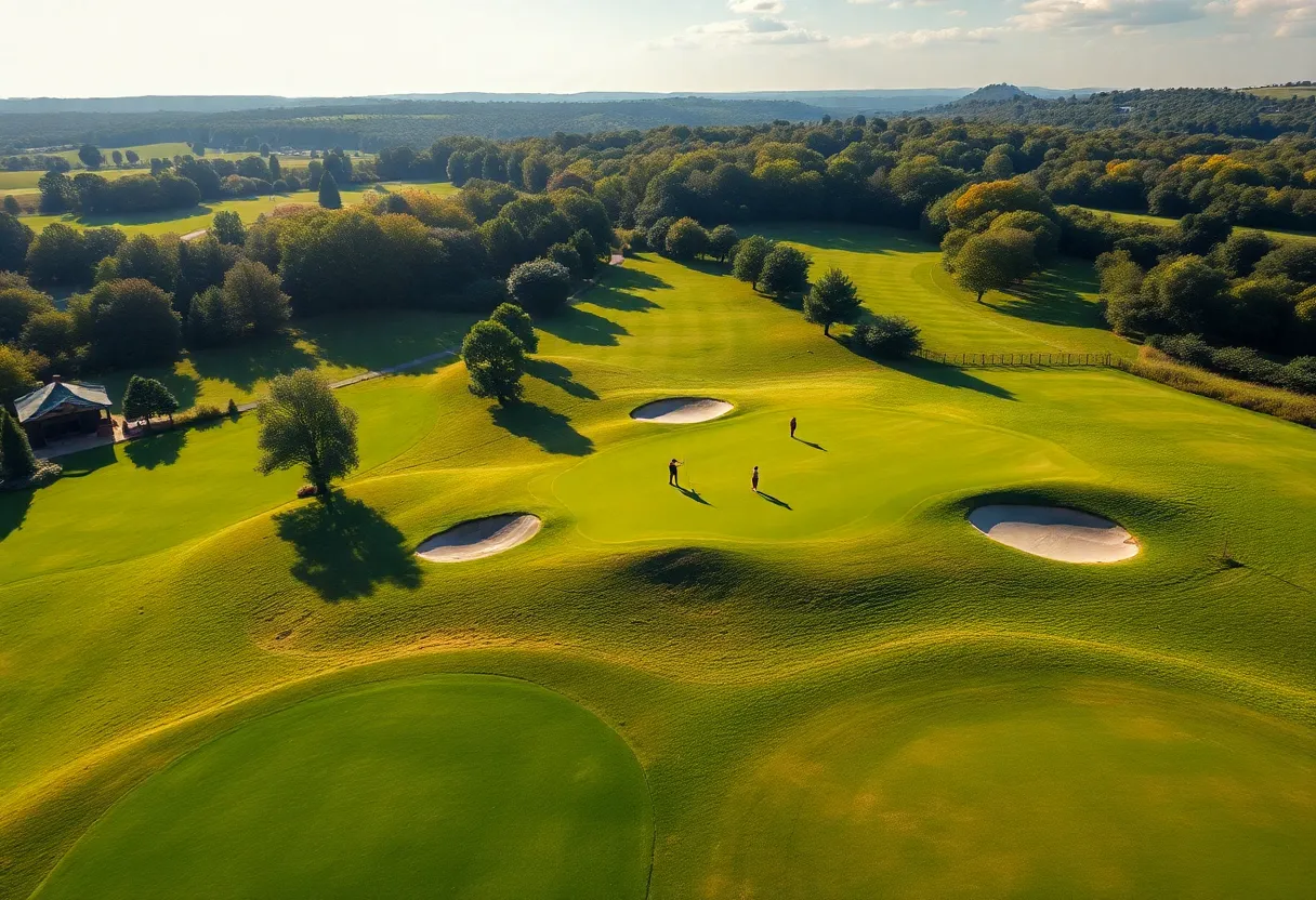 A scenic view of the Caledonian Golf Club during a golf tournament.