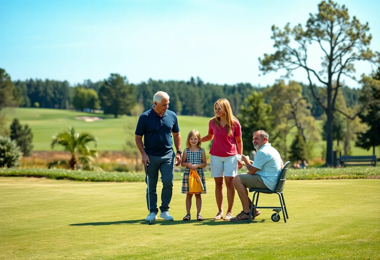 A family enjoying their time at a golf course, emphasizing togetherness and values.