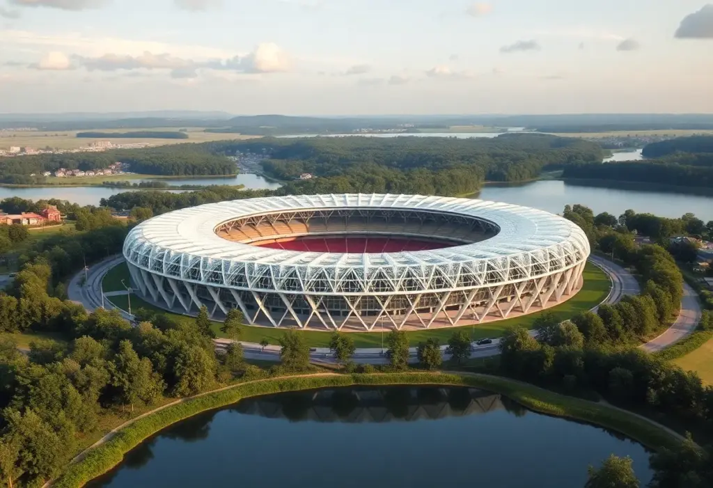 Concept design of a Chicago Bears stadium near a lake