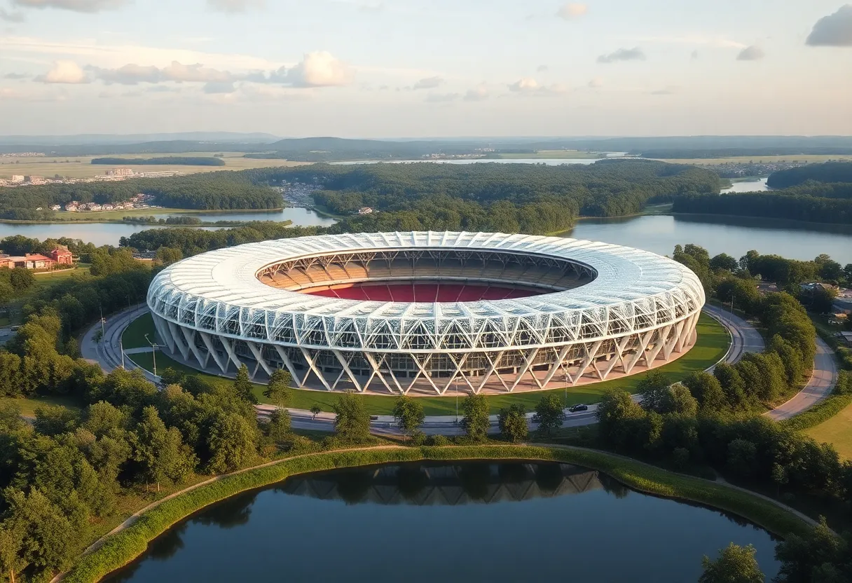 Concept design of a Chicago Bears stadium near a lake