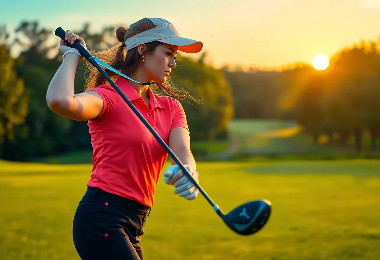 A female golfer playing on the green