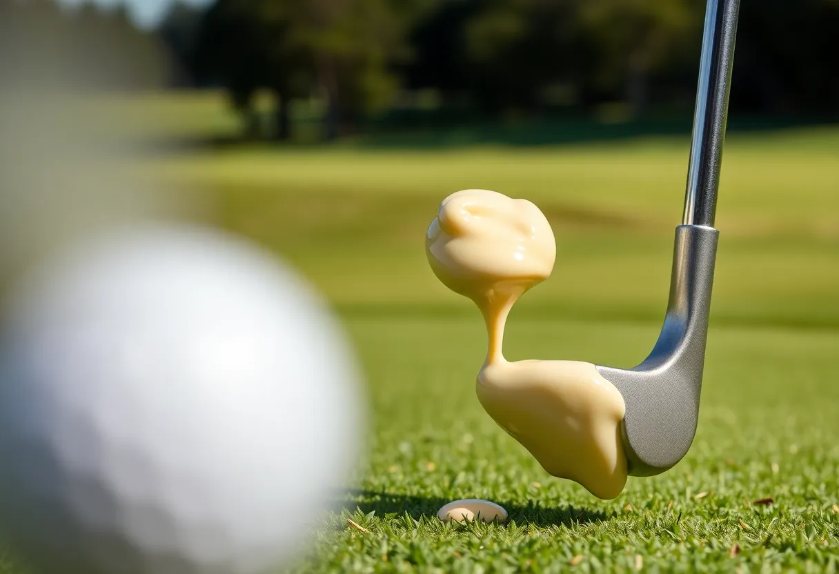 Innovative mayonnaise-filled putter on a golf green