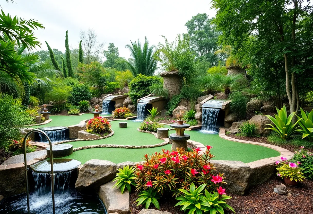 Lush mini golf course with waterfalls and vibrant plants