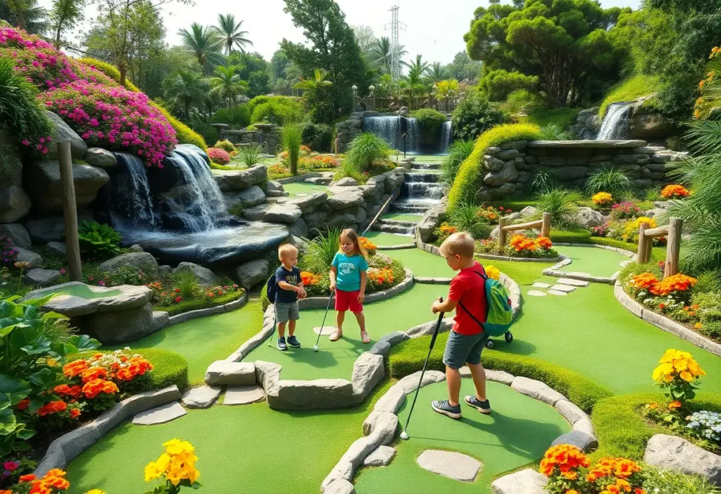 Family playing mini golf at Crystal Cave and Falls Adventure, surrounded by greenery and waterfalls.