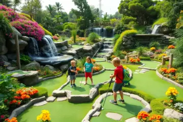 Family playing mini golf at Crystal Cave and Falls Adventure, surrounded by greenery and waterfalls.