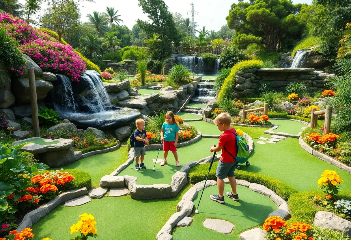 Family playing mini golf at Crystal Cave and Falls Adventure, surrounded by greenery and waterfalls.