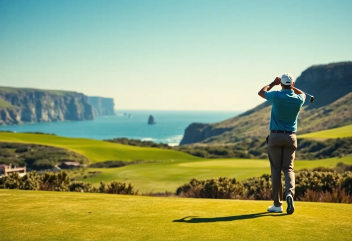 Golfer hitting a shot on Danzante Bay Golf Club with ocean views