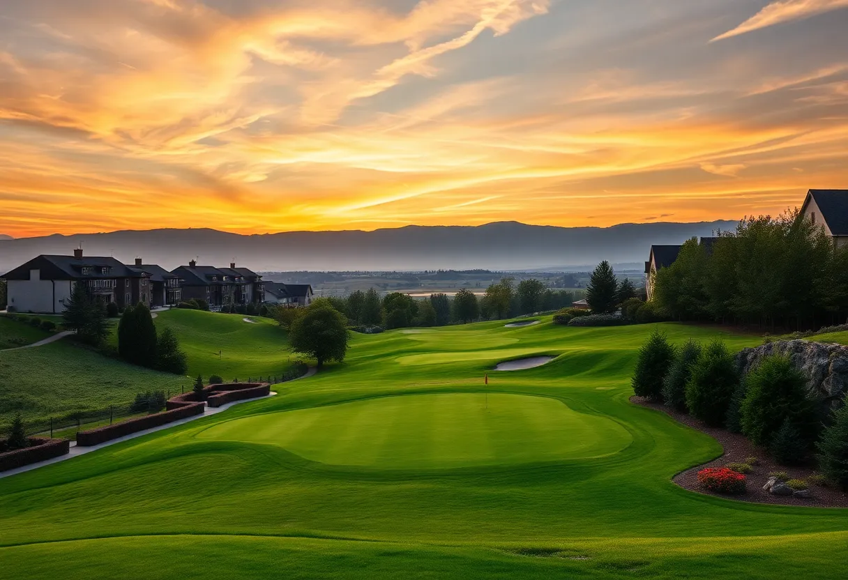 A scenic golf course in Europe with luxury accommodations in the background.