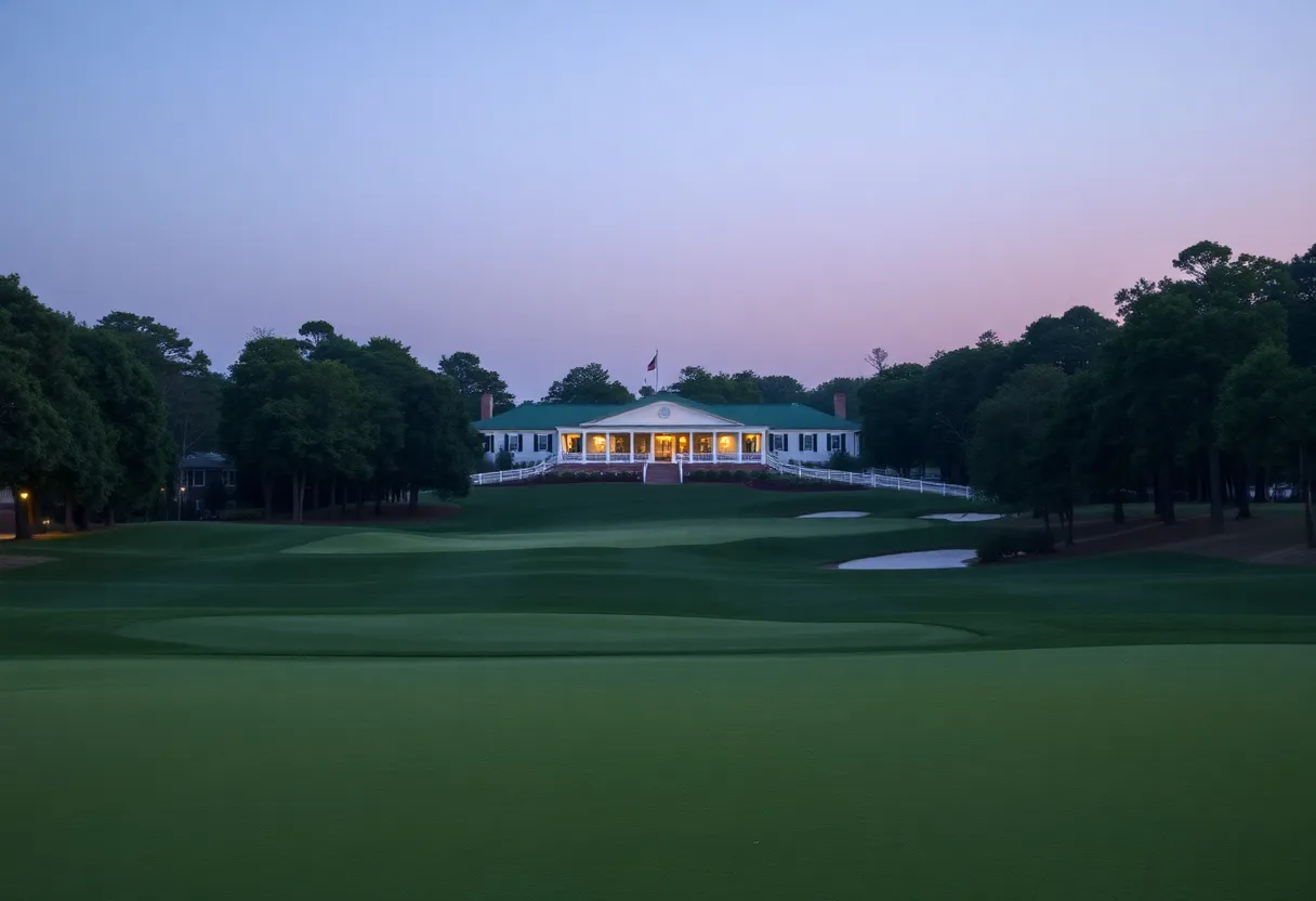 Quiet evening at Augusta National Golf Club with illuminated greens