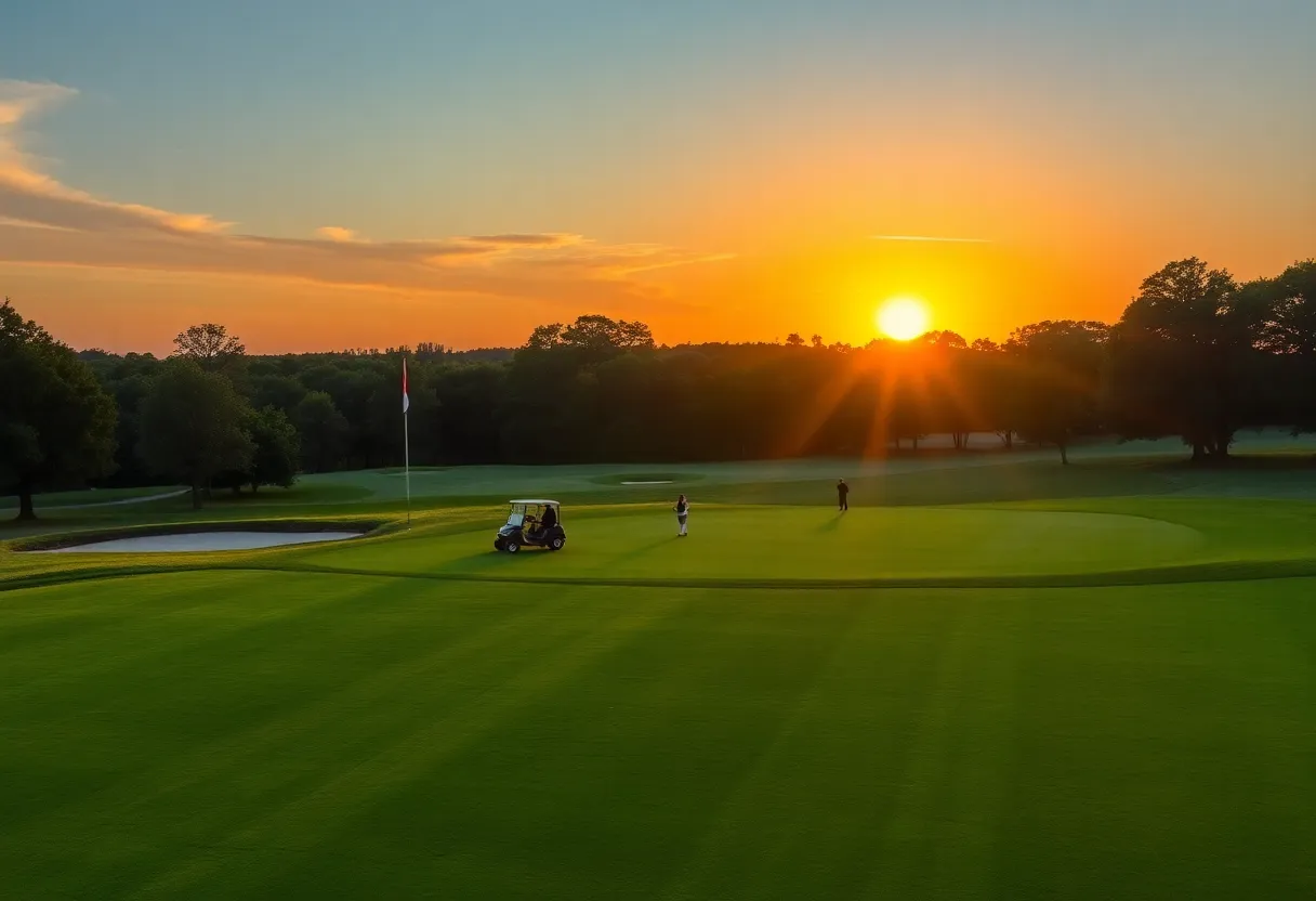 Maintenance crew working on Augusta National golf course at dusk