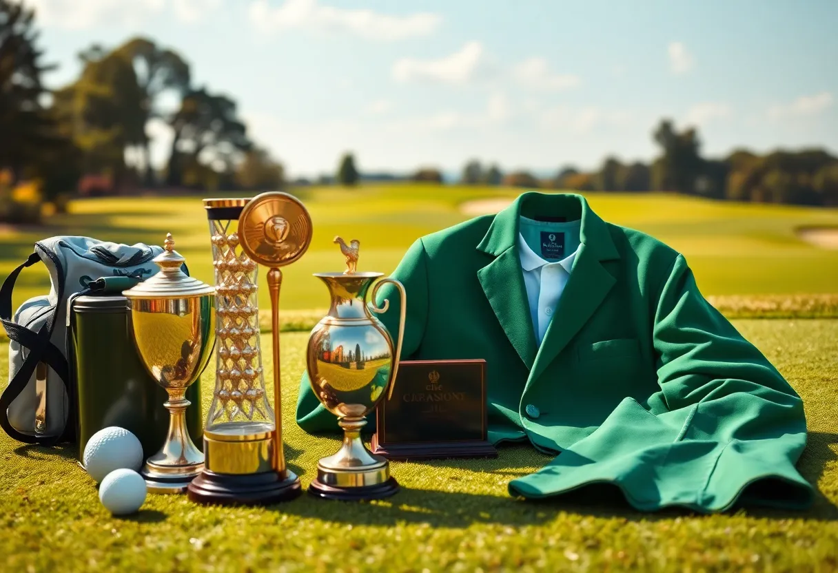 Visual representation of the rewards for Winning The Masters, including trophies and a Green Jacket