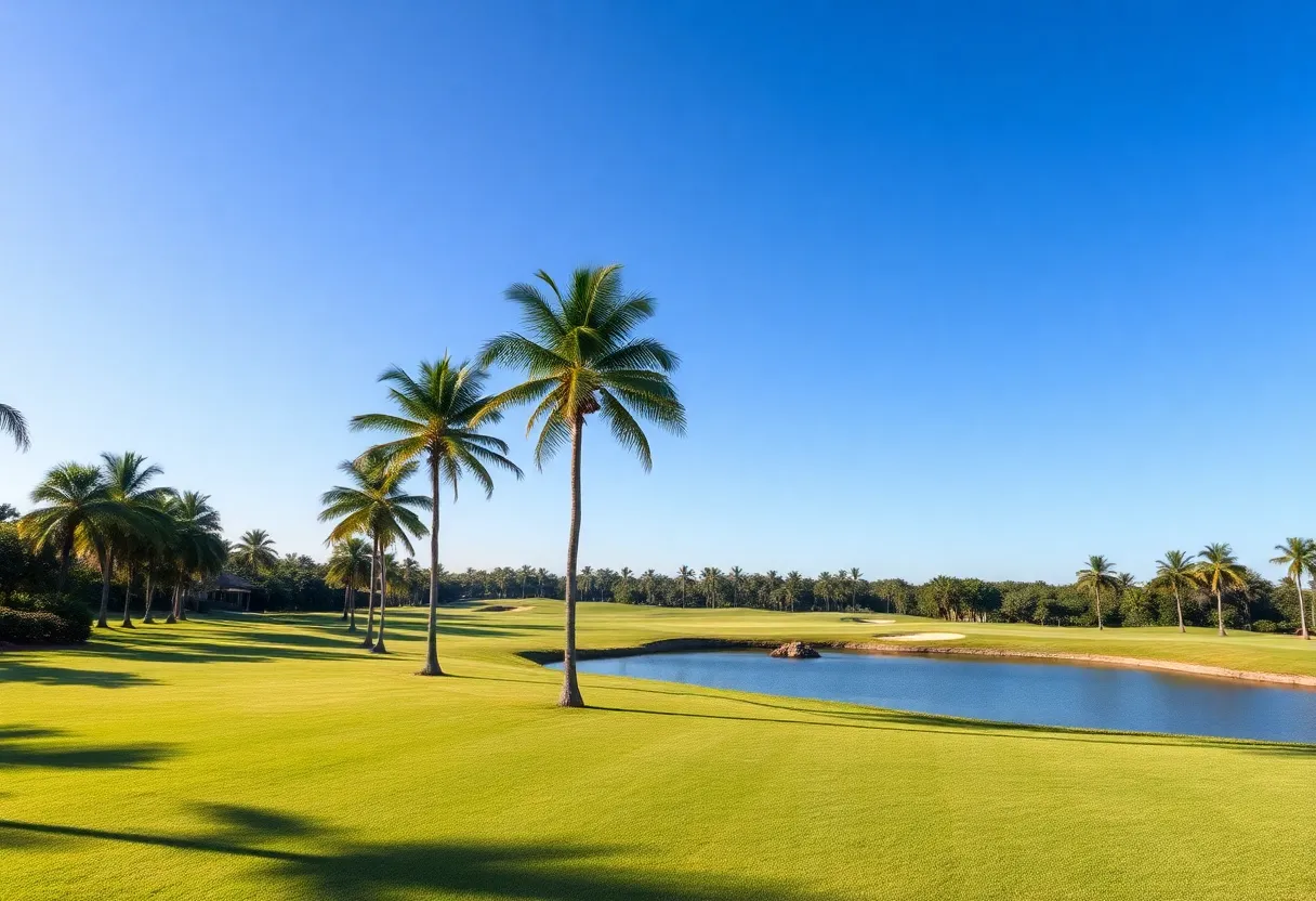 Beautiful golf course in Florida with palm trees and a water hazard.