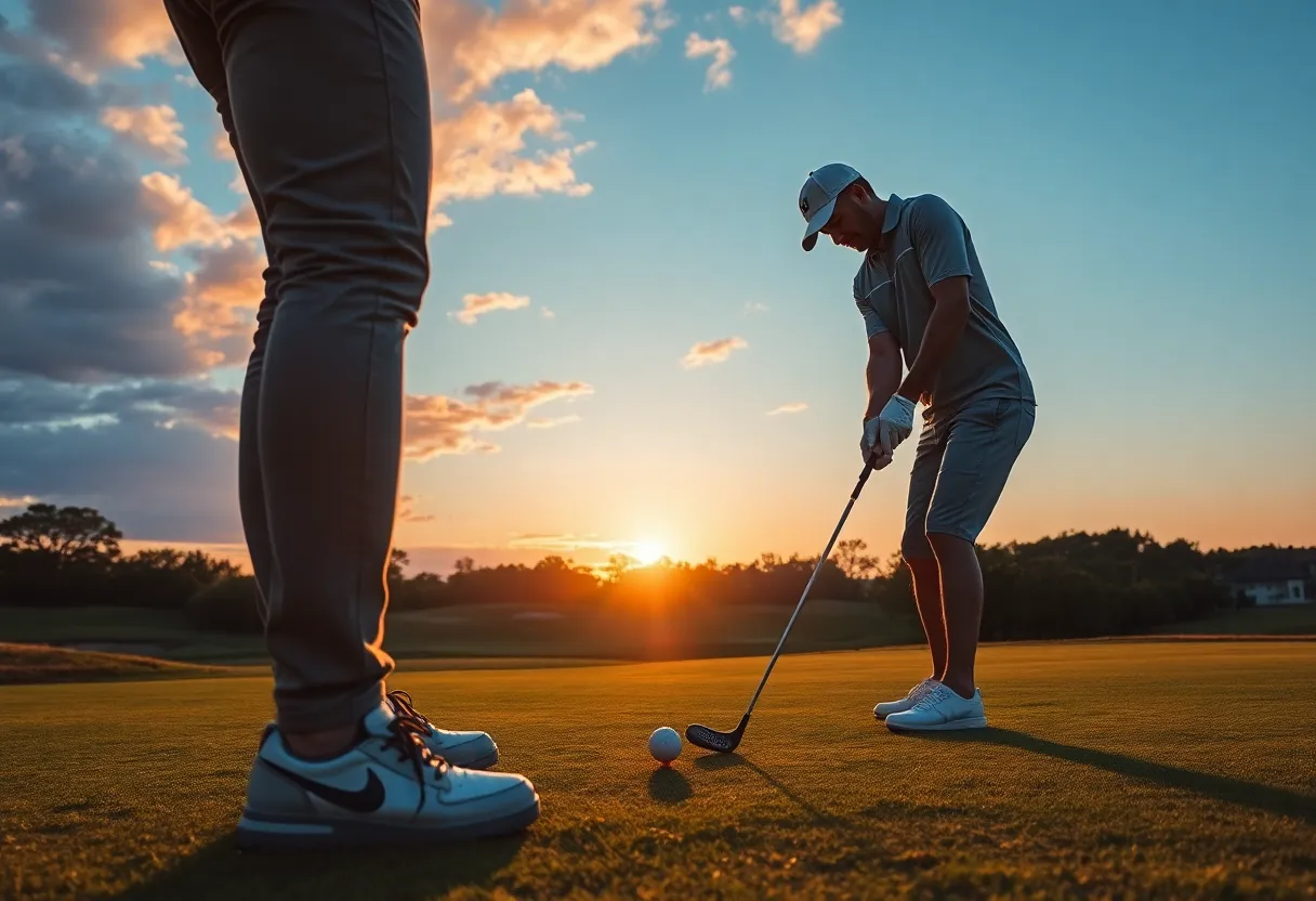 A golfer preparing to swing on a scenic golf course during sunset.