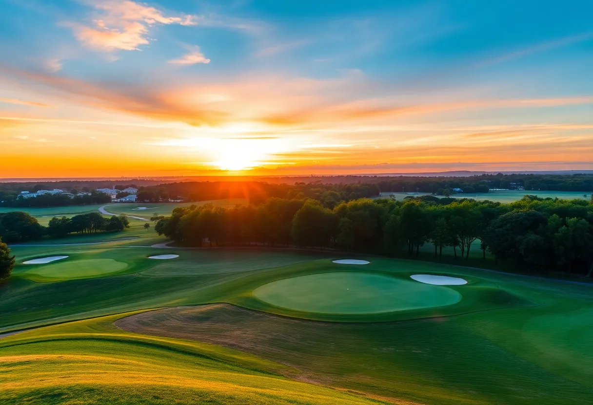 Golf course scene depicting a championship atmosphere after a major tournament