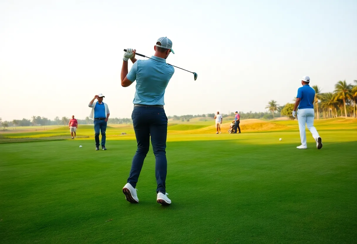 Golfers practicing on a scenic golf course