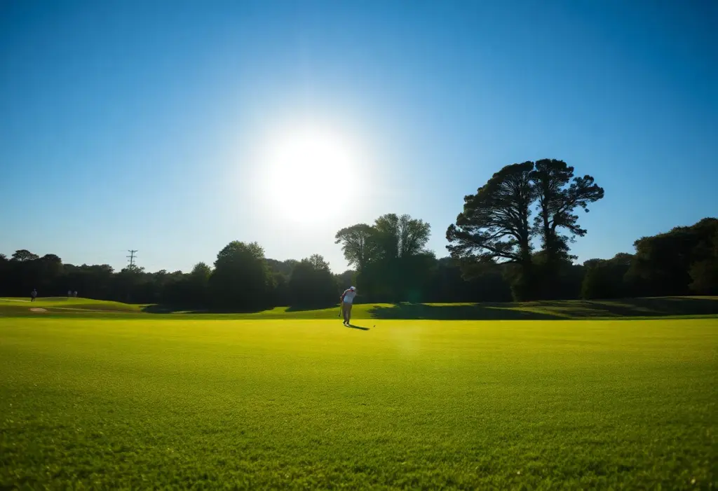 A beautiful golf course scene with lush fairways and blue skies.