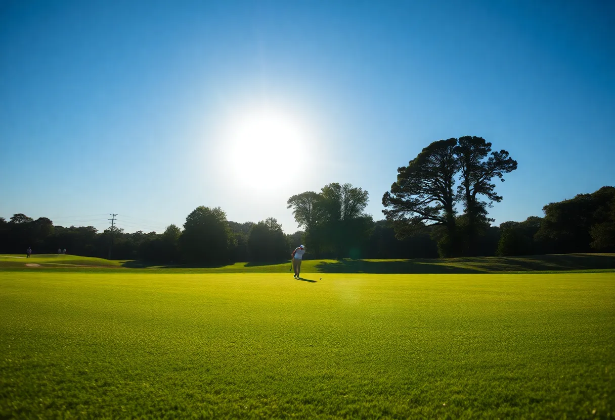 A beautiful golf course scene with lush fairways and blue skies.