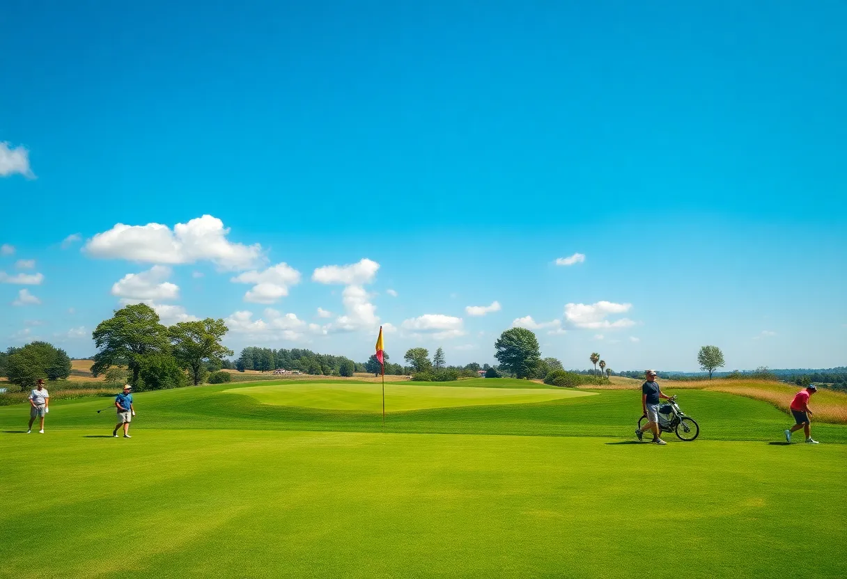A scenic view of a golf course with players enjoying their game.