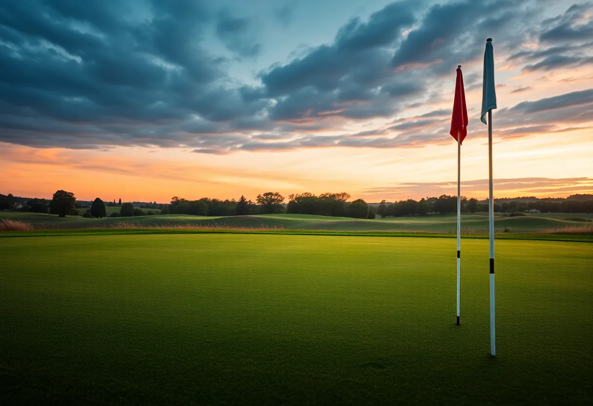 Scenic view of an empty golf course during dusk