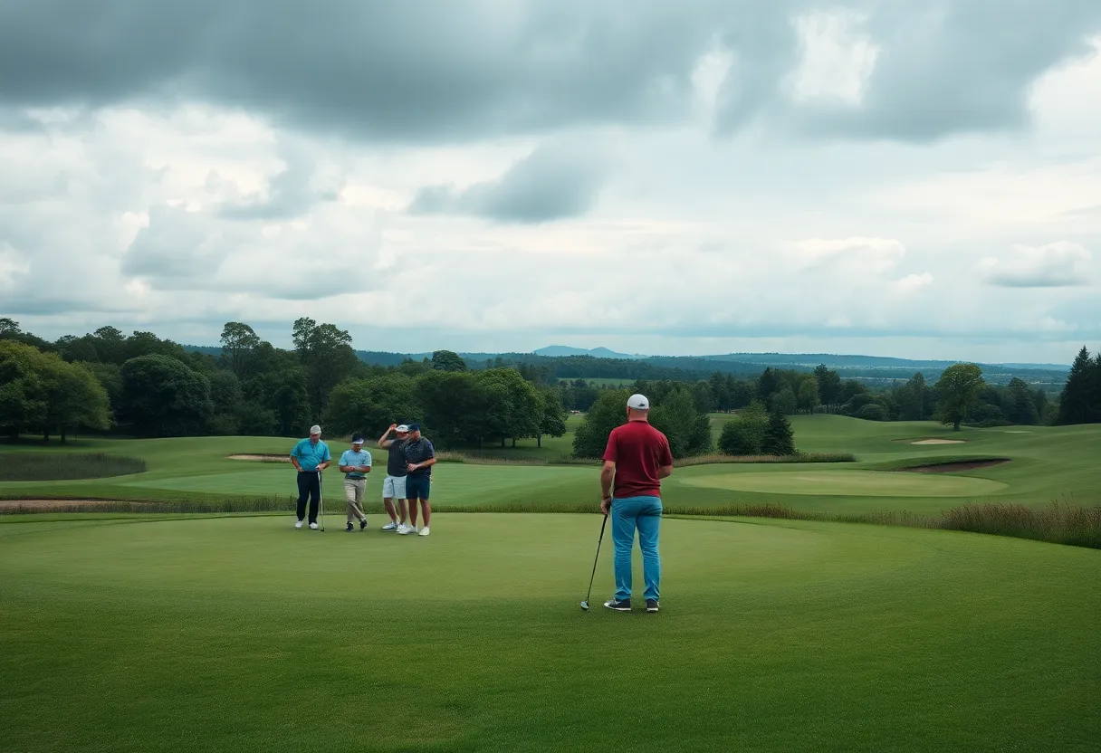 Scenic view of a golf course with golfers playing
