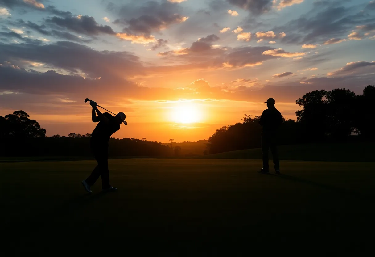 A silhouette of golfers on a golf course at sunset