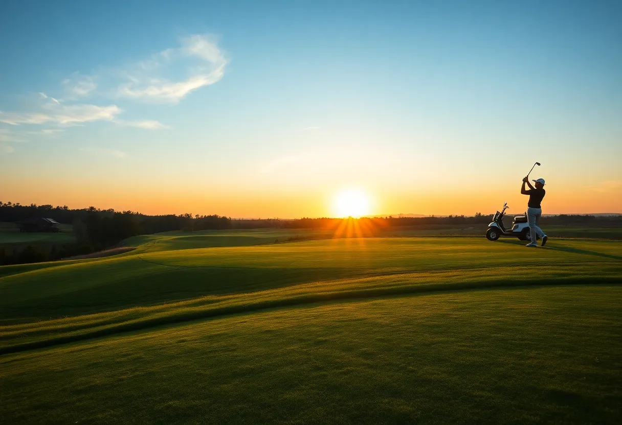 Scenic view of a golf course at sunset