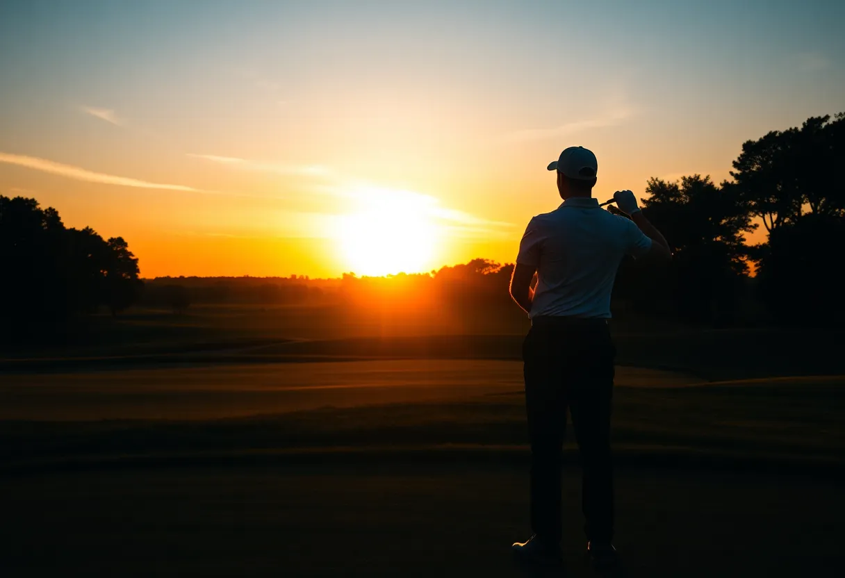 Scenic sunset view of a golf course with a silhouette of a golfer.
