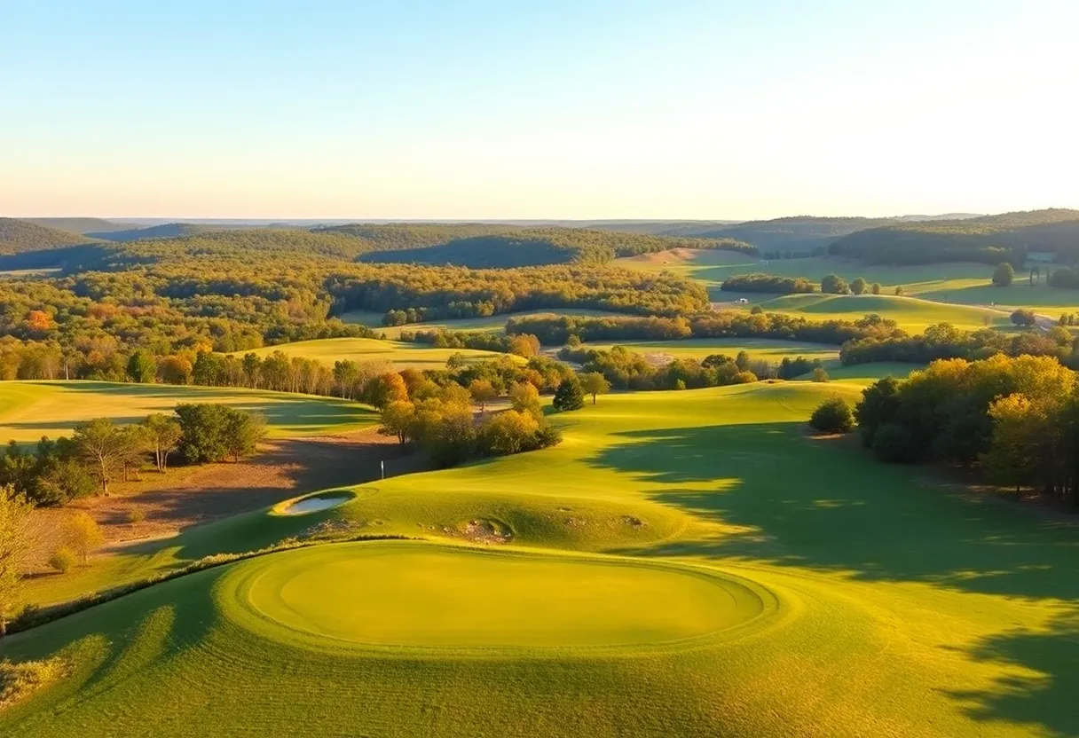 A beautiful golf course in Arkansas with green fairways and a scenic background.