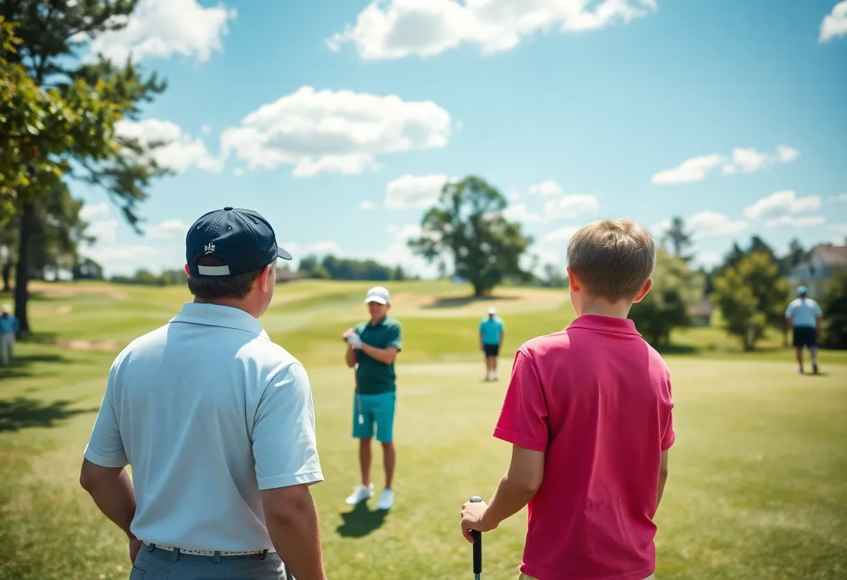 Golf mentorship between professional and young golfer on the course