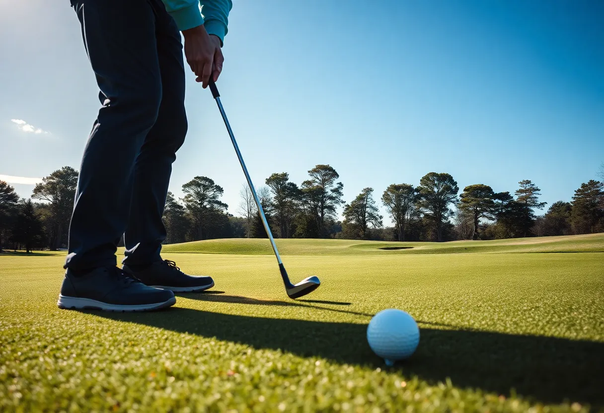 A golfer practicing putting on a green
