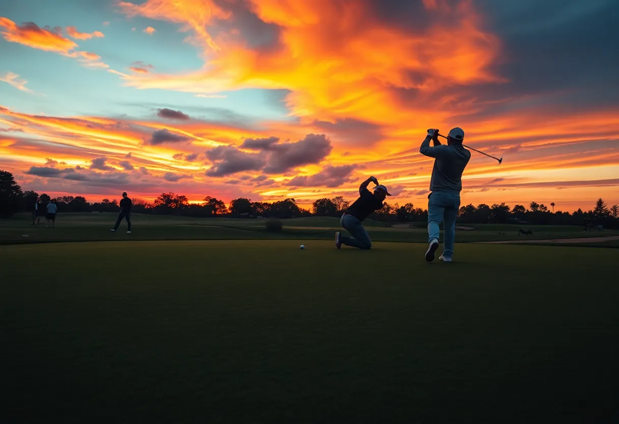 Golfers practicing at sunset during Q-School