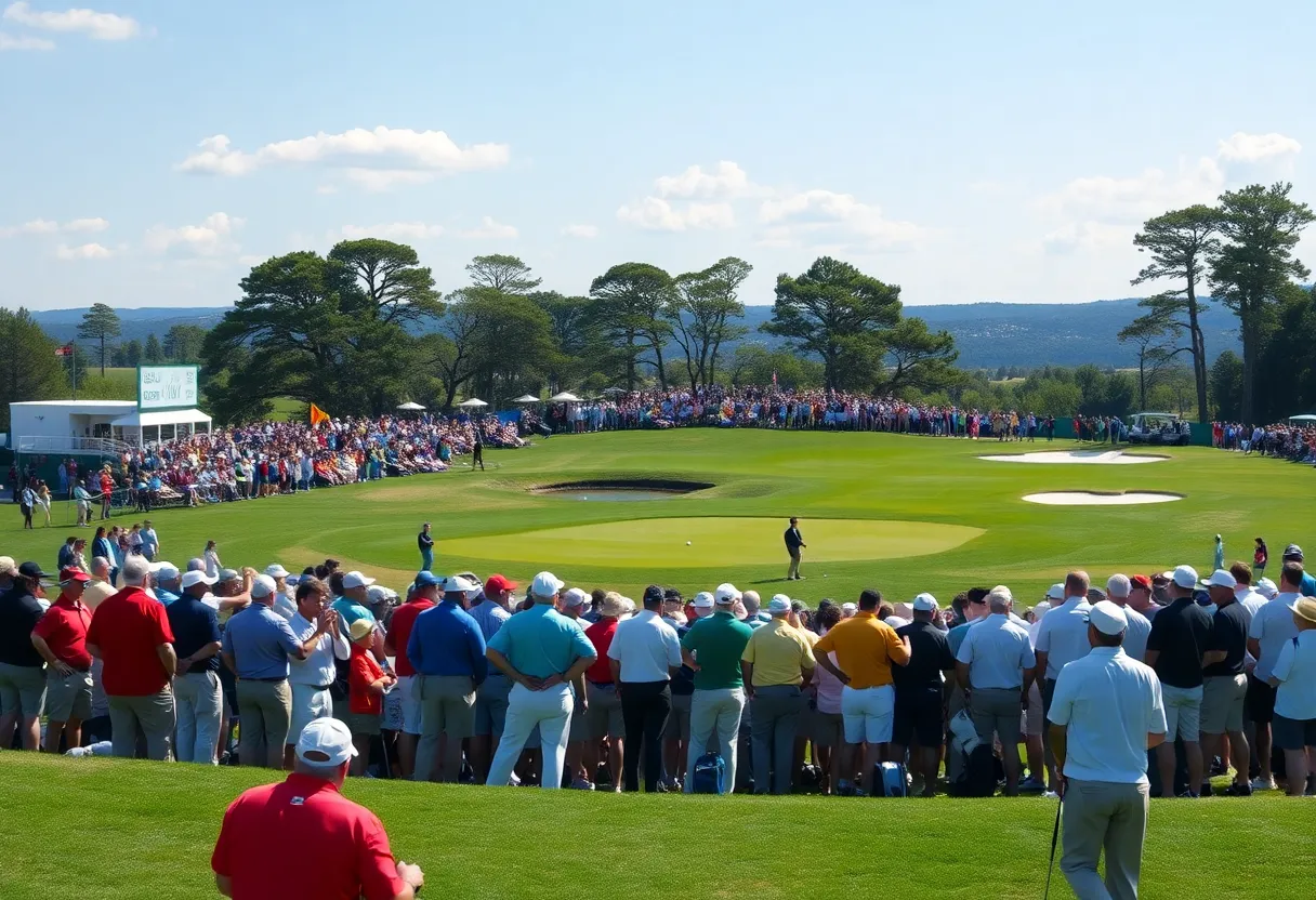 Crowd watching a golf tournament with players preparing to tee off