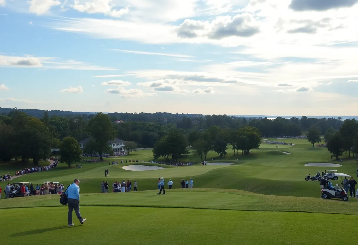 Scenic view of a golf course with players and spectators