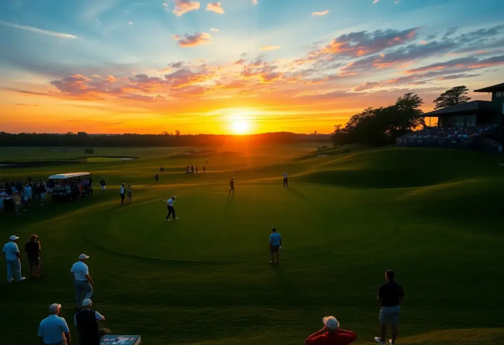 Golfers competing in a tournament at dusk with cheering crowds