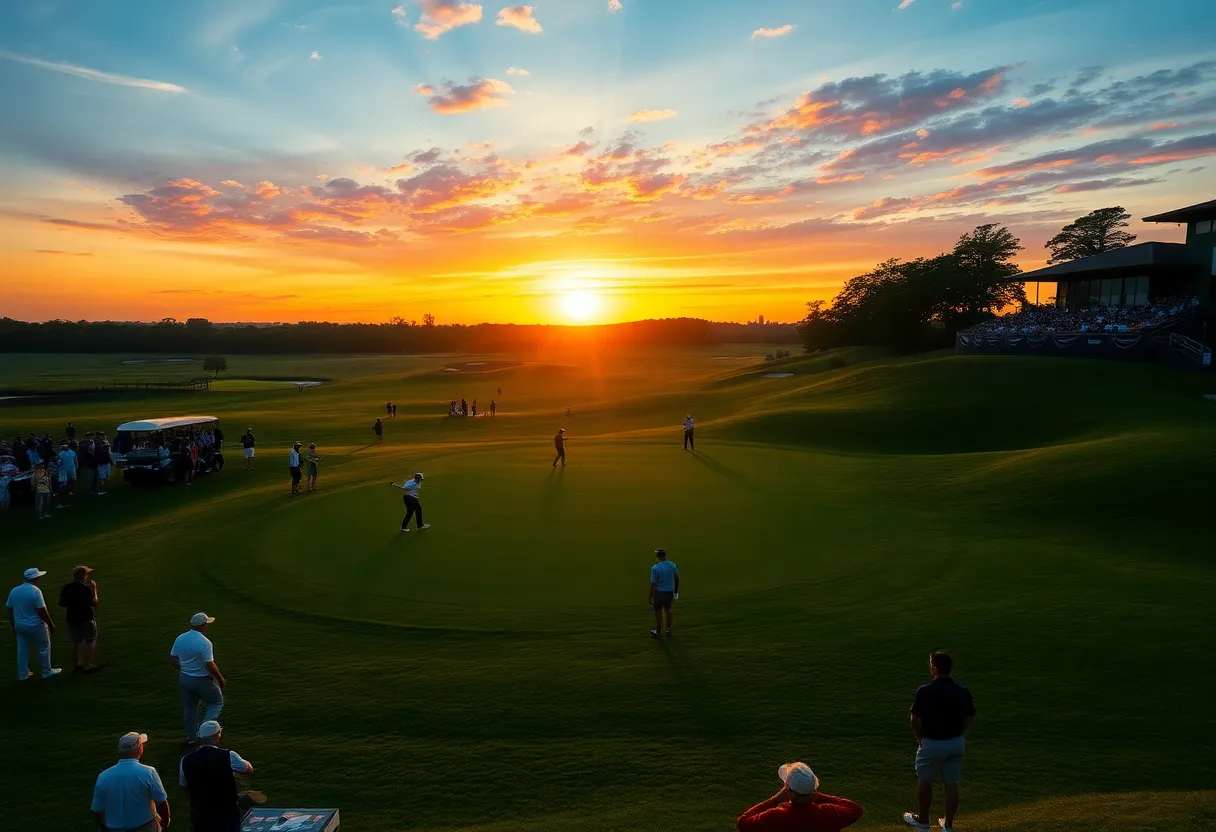 Golfers competing in a tournament at dusk with cheering crowds
