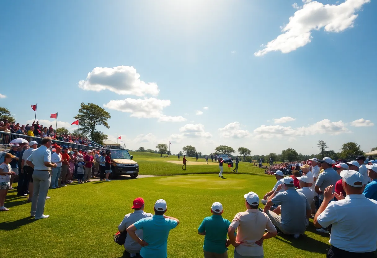 A scenic view of a golf tournament with fans and players.
