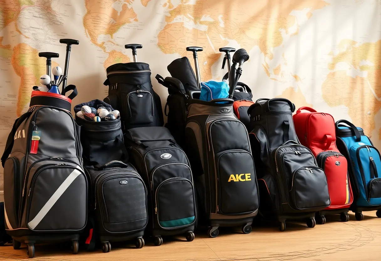 Assorted golf travel bags on display