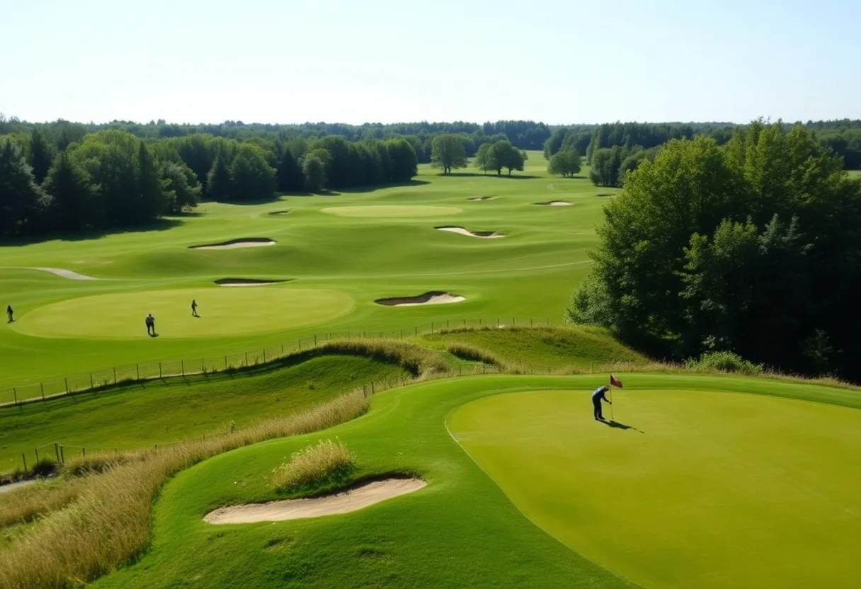 A scenic view of Golfbaan Sloten with golfers playing on the course.